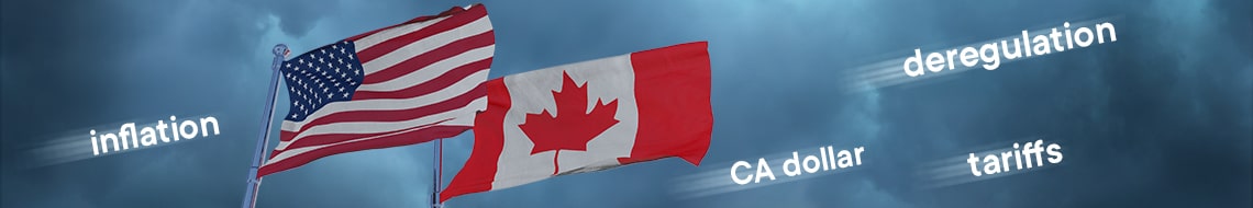 American and Canadian flags, with various words related to current economics